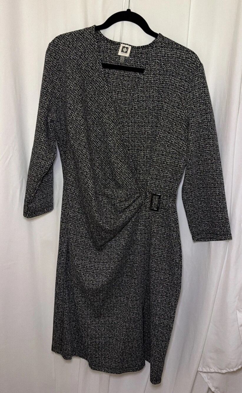 New! Anne Klein Dress Size 16 Faux Wrap 3/4 Sleeve Black White Textured Knit